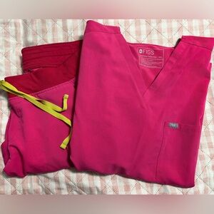 Figs Hot Pink Scrub Set with Lime Accent pant ties.